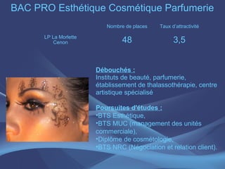 BAC PRO Esthétique Cosmétique Parfumerie
                          Nombre de places   Taux d’attractivité

      LP La Morlette
         Cenon                  48                 3,5


                       Débouchés :
                       Instituts de beauté, parfumerie,
                       établissement de thalassothérapie, centre
                       artistique spécialisé

                       Poursuites d'études :
                       •BTS Esthétique,
                       •BTS MUC (management des unités
                       commerciale),
                       •Diplôme de cosmétologie,
                       •BTS NRC (Négociation et relation client).
 