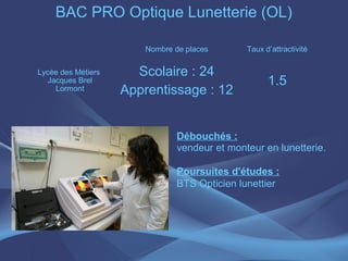 BAC PRO Optique Lunetterie (OL)

                        Nombre de places      Taux d’attractivité

Lycée des Métiers     Scolaire : 24
  Jacques Brel                                      1.5
    Lormont         Apprentissage : 12


                               Débouchés :
                               vendeur et monteur en lunetterie.

                               Poursuites d'études :
                               BTS Opticien lunettier
 