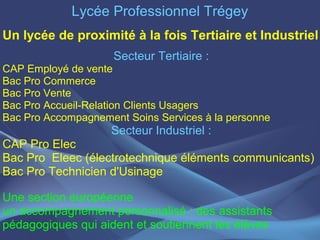 Lycée Professionnel Trégey
Un lycée de proximité à la fois Tertiaire et Industriel
                     Secteur Tertiaire :
CAP Employé de vente
Bac Pro Commerce
Bac Pro Vente
Bac Pro Accueil-Relation Clients Usagers
Bac Pro Accompagnement Soins Services à la personne
                    Secteur Industriel :
CAP Pro Elec
Bac Pro Eleec (électrotechnique éléments communicants)
Bac Pro Technicien d'Usinage

Une section européenne
un accompagnement personnalisé : des assistants
pédagogiques qui aident et soutiennent les élèves
 