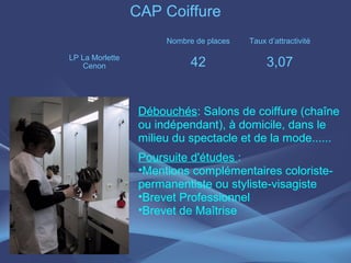CAP Coiffure
                       Nombre de places   Taux d’attractivité

LP La Morlette
   Cenon                     42                3,07


                  Débouchés: Salons de coiffure (chaîne
                  ou indépendant), à domicile, dans le
                  milieu du spectacle et de la mode......
                  Poursuite d'études :
                  •Mentions complémentaires coloriste-
                  permanentiste ou styliste-visagiste
                  •Brevet Professionnel
                  •Brevet de Maîtrise
 
