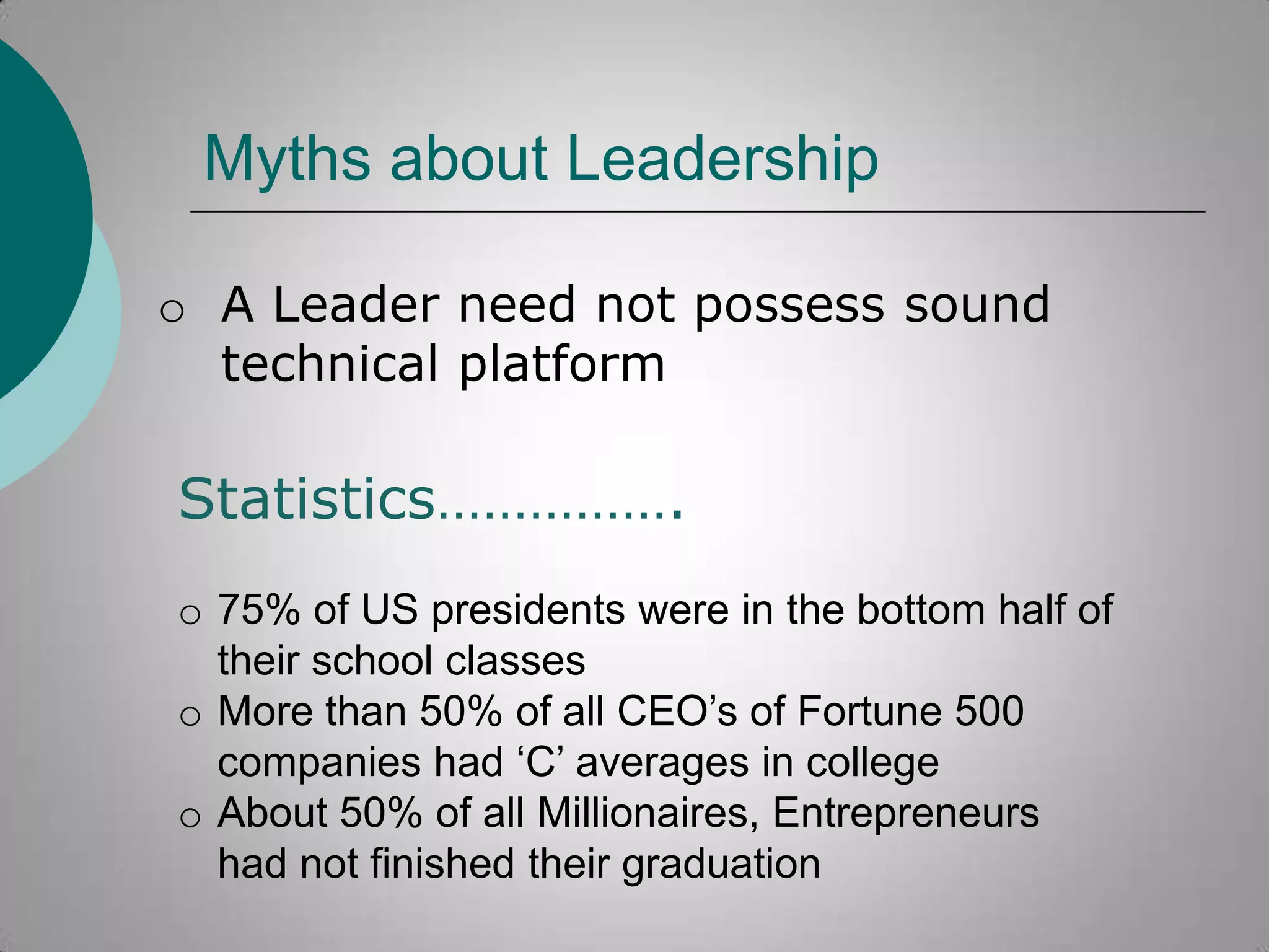 Myths about Leadership
o A Leader need not possess sound
technical platform

Statistics…………….
o 75% of US presidents were in the bottom half of
their school classes
o More than 50% of all CEO’s of Fortune 500
companies had ‘C’ averages in college
o About 50% of all Millionaires, Entrepreneurs
had not finished their graduation

 