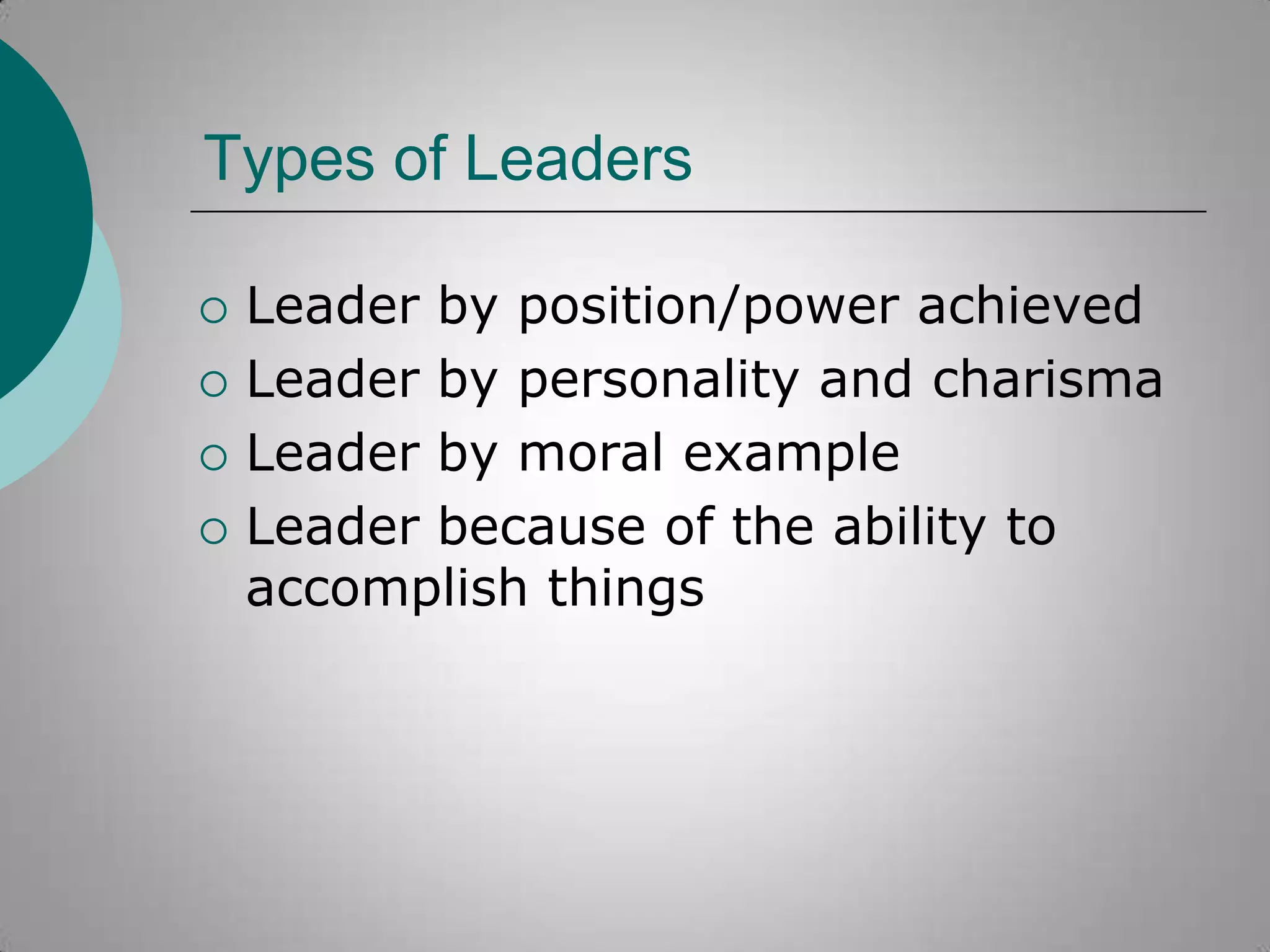 Types of Leaders






Leader by position/power achieved
Leader by personality and charisma
Leader by moral example
Leader because of the ability to
accomplish things

 
