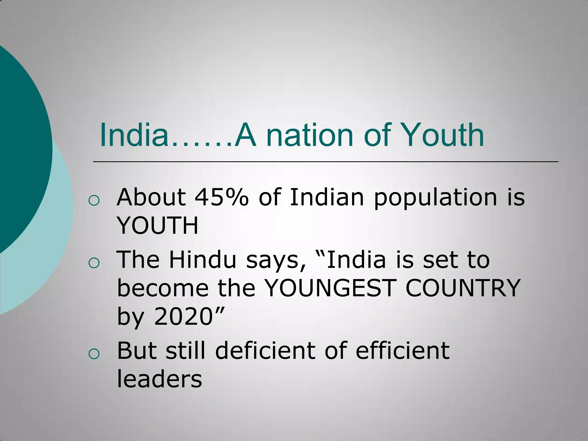 India……A nation of Youth
o About 45% of Indian population is
YOUTH
o The Hindu says, “India is set to
become the YOUNGEST COUNTRY
by 2020”
o But still deficient of efficient
leaders

 
