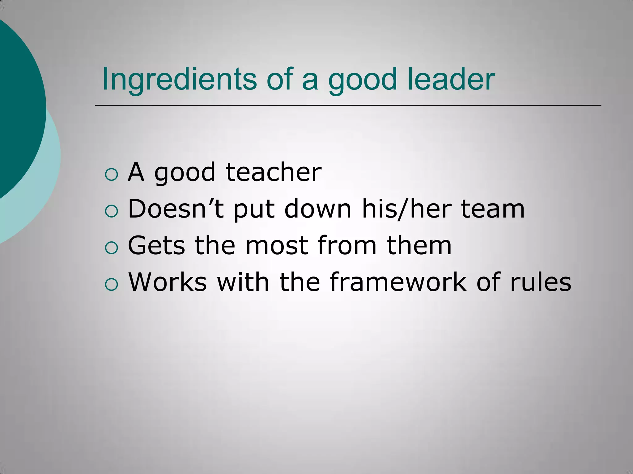 Ingredients of a good leader





A good teacher
Doesn‟t put down his/her team
Gets the most from them
Works with the framework of rules

 