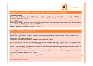 Measures for promoting digital payments in case of small unorganized businesses
Existing Provisions
As per section 44AD, a sum equal to 8% of gross receipt (in any mode of payment) declared by the assesse in his ROI is
deemed to be business income.
Amended Provisions
8% is reduced to 6% in respect of gross receipts only if such income is received by otherwise than by cash during previous
year or before the due date specified in section 139(1)
Effective Date :Assessment Year commencing April 1, 2017
Measures to discourage cash transaction
Existing Provisions
Section 269ST to be inserted in the Act to provide that no person shall receive an amount of Rs. 300,000 or more in cash,
(a) in aggregate from a person in a day;
(b) in respect of a single transaction; or
(c) in respect of transactions relating to one event or occasion from a person,
This restriction shall not apply to Government, any banking company, post office savings bank or co-operative bank.
Transactions of the nature referred to in section 269SS are proposed to be excluded from the scope of the said section
Section 271DA inserted to provide for levy of penalty on a person who receives a sum in contravention of the provisions of
the proposed section 269ST. The penalty is proposed to be a sum equal to the amount of such receipt.
Section 206C is also amended to omit the provision relating to tax collection at source at the rate of 1% of sale consideration
on cash sale of jewellery exceeding Rs. 500,000.
Effective Date : Assessment Year commencing April 1,2017
This is a good measure to curb hoarding of unaccounted wealth, move towards less cash economy and reduce generation
and circulation of black money.
 