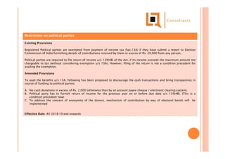 Restriction on political parties
Existing Provisions
Registered Political parties are exempted from payment of income tax (Sec.13A) if they have submit a report to Election
Commission of India furnishing details of contributions received by them in excess of Rs. 20,000 from any person.
Political parties are required to file return of income u/s 139(4B) of the Act, if its income exceeds the maximum amount not
chargeable to tax (without considering exemption u/s 13A). However, filing of the return is not a condition precedent for
availing the exemption.
Amended Provisions
To avail the benefits u/s 13A, following has been proposed to discourage the cash transactions and bring transparency in
source of funding to political parties:
A. No cash donations in excess of Rs. 2,000 (otherwise than by an account payee cheque / electronic clearing system).
B. Political party has to furnish return of income for the previous year on or before due date u/s 139(4B). (This is a
condition precedent now)
C. To address the concern of anonymity of the donors, mechanism of contribution by way of electoral bonds will be
implemented
Effective Date :AY 2018-19 and onwards
 