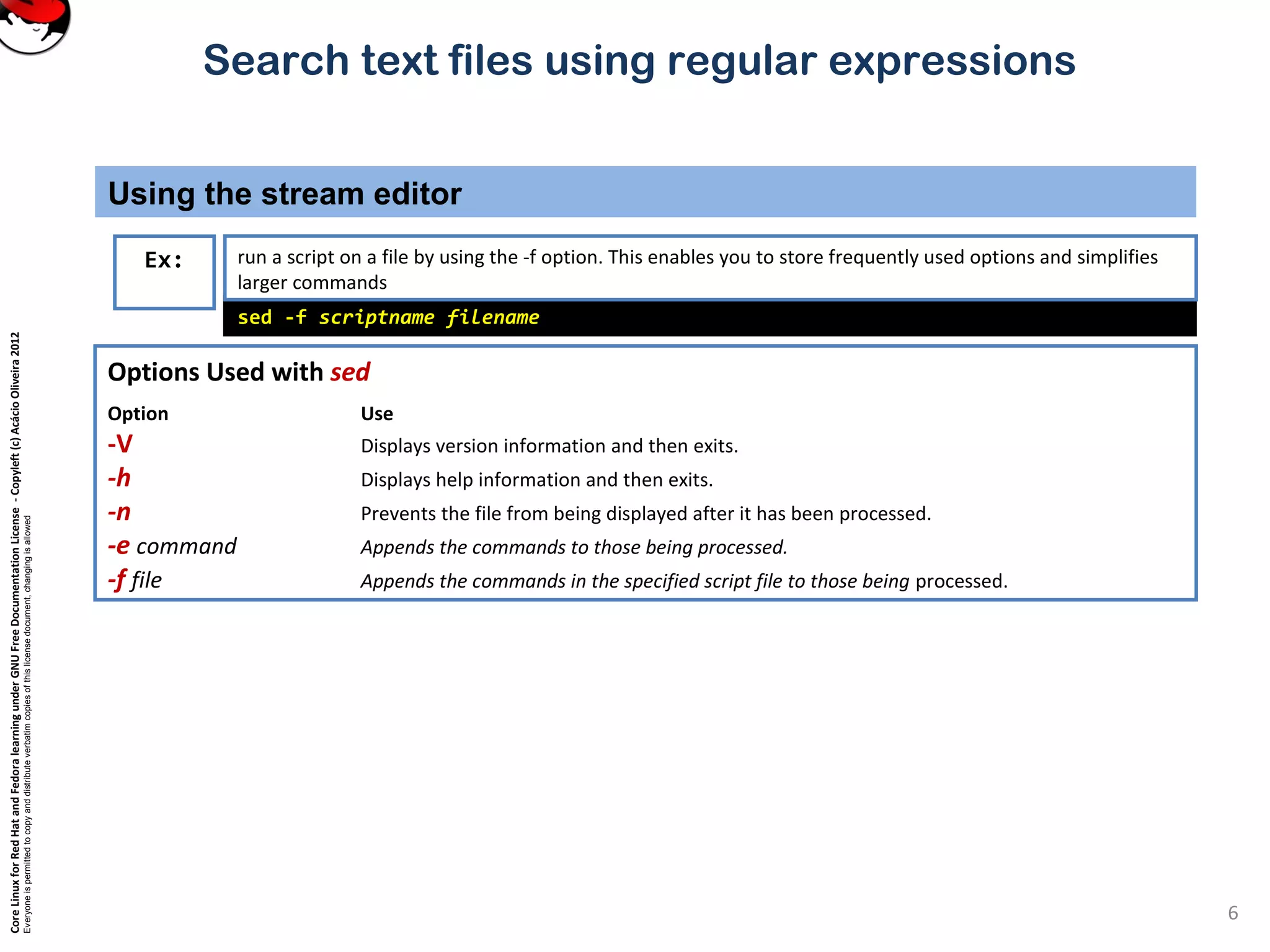 CoreLinuxforRedHatandFedoralearningunderGNUFreeDocumentationLicense-Copyleft(c)AcácioOliveira2012
Everyoneispermittedtocopyanddistributeverbatimcopiesofthislicensedocument,changingisallowed
Search text files using regular expressions
Using the stream editor
6
Options Used with sed
Option Use
-V Displays version information and then exits.
-h Displays help information and then exits.
-n Prevents the file from being displayed after it has been processed.
-e command Appends the commands to those being processed.
-f file Appends the commands in the specified script file to those being processed.
sed -f scriptname filename
Ex: run a script on a file by using the -f option. This enables you to store frequently used options and simplifies
larger commands
 