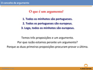 O conceito de argumento 
O que é um argumento? 
1. Todos os minhotos são portugueses. 
2. Todos os portugueses são europeus. 
3. Logo, todos os minhotos são europeus. 
Temos três proposições e um argumento. 
Por que razão estamos perante um argumento? 
Porque as duas primeiras proposições procuram provar a última. 
FILOSOFIA 11.º ano 
 