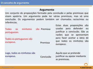 Argumento 
Um conjunto de proposições formado pela conclusão e pelas premissas que 
visam apoiá-la. Um argumento pode ter várias premissas, mas só uma 
conclusão. Os argumentos podem também ser chamados raciocínios ou 
inferências. 
Todos os minhotos são 
portugueses. 
Premissa 
Estas duas proposições são 
usadas para defender ou 
justificar a conclusão. São as 
razões que se apresentam 
para fazer aceitar a ideia de 
que todos os minhotos são 
europeus. 
Todos os portugueses são 
europeus. 
Premissa 
Logo, todos os minhotos são 
europeus. 
Conclusão 
Aquilo que se pretende 
justificar ou apoiar mediante 
as premissas. 
O conceito de argumento 
FILOSOFIA 11.º ano 
