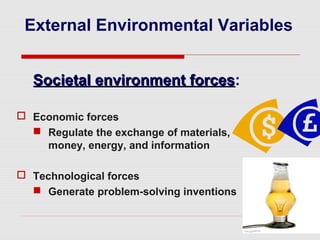 External Environmental Variables
Societal environment forcesSocietal environment forces:
 Economic forces
 Regulate the exchange of materials,
money, energy, and information
 Technological forces
 Generate problem-solving inventions
 
