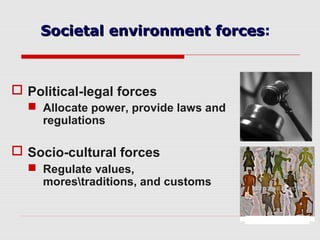  Political-legal forces
 Allocate power, provide laws and
regulations
 Socio-cultural forces
 Regulate values,
morestraditions, and customs
Societal environment forcesSocietal environment forces:
 