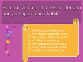 .
1. km³ dibaca kilometer kubik
2. hm³ dibaca hektometer kubik
3. dam³ dibaca dekameter kubik
4. m³ dibaca meter kubik
5. dm³ dibaca desimeter kubik
6. cm³ dibaca centimeter kubik
7. mm³ dibaca milimeter kubik
 
