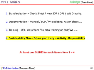 Ek Pahla Kadam (Company Name)
(Team Name)(Team Name)
40
STEP 5 : CONTROL
1. Standardisation – Check Sheet / New SOP / OPL / WI/ Drawing
2. Documentation – Manual / SOP / WI updating, Kaizen Sheet ….
3. Training – OPL, Classroom / Gemba Training on SOP/WI ……
4. Sustainability Plan – Future plan if any – Activity , Responsibility
At least one SLIDE for each item – Item 1 ~ 4
 
