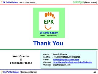 Ek Pahla Kadam (Company Name)
(Team Name)
Thank You
Contact : Dinesh Sharma
Cell No. : +91 9589004005, 9589892468
e-mail : dinesh@ekpahlakadam.com
Connect : https://www.facebook.com/ekpahlakadam
Website : ekpahlakadam.com
Your Queries
&
Feedback Please
43
Ek Pahla Kadam, Take it .. Keep moving ..
 