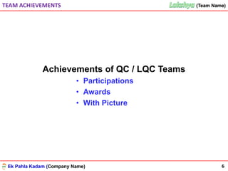 Ek Pahla Kadam (Company Name)
(Team Name)(Team Name)TEAM ACHIEVEMENTS
6
Achievements of QC / LQC Teams
• Participations
• Awards
• With Picture
 