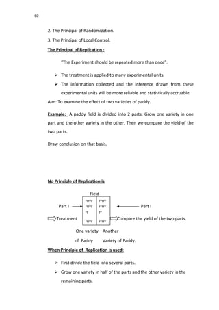 60
2. The Principal of Randomization.
3. The Principal of Local Control.
The Principal of Replication :
“The Experiment should be repeated more than once”.
 The treatment is applied to many experimental units.
 The information collected and the inference drawn from these
experimental units will be more reliable and statistically accruable.
Aim: To examine the effect of two varieties of paddy.
Example: A paddy field is divided into 2 parts. Grow one variety in one
part and the other variety in the other. Then we compare the yield of the
two parts.
Draw conclusion on that basis.
No Principle of Replication is
Field
Part I Part I
Treatment Compare the yield of the two parts.
One variety Another
of Paddy Variety of Paddy.
When Principle of Replication is used:
 First divide the field into several parts.
 Grow one variety in half of the parts and the other variety in the
remaining parts.
rrrrr
rrrrr
rr
rrrrr
r
rrrrr
rrrrr
rr
rrrrr
r
 
