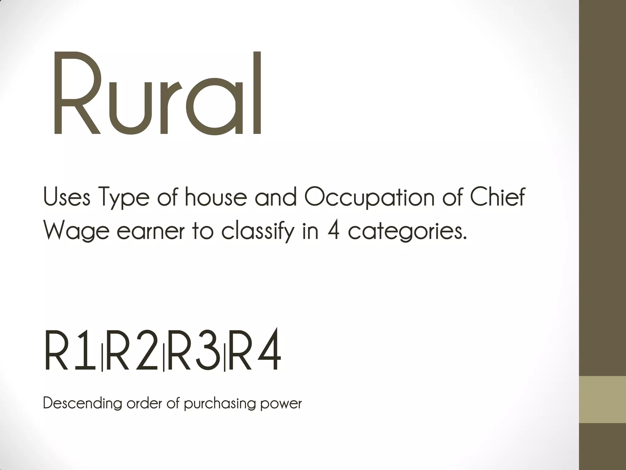 Rural
Uses Type of house and Occupation of Chief
Wage earner to classify in 4 categories.
R1|R2|R3|R4
Descending order of purchasing power
 
