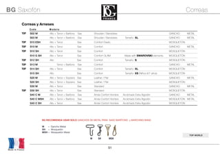 51
M SH MSH
Made in France
BG Saxofón Correas
TOP WORLD
BG RECOMIENDA USAR SOLO GANCHOS DE METAL PARA SAXO BARÍTONO y MARCHING BAND
MH = Gancho Metal
SH = Mosquetón
MSH = Mosquetón Metal
Correas y ArnesesCorreas y ArnesesCorreas y ArnesesCorreas y ArnesesCorreas y ArnesesCorreas y Arneses
C o d e M o d e l o
TOP S02 M Alto + Tenor + Barítono Sax Shoulder / Bandolera GANCHO METAL
S03 M Alto + Tenor + Barítono Sax Shoulder / Bandolera Tamaño XL GANCHO METAL
TOP S10 ESH Alto + Tenor Sax Comfort Elastic MOSQUETÓN
TOP S10 M Alto + Tenor Sax Comfort GANCHO METAL
TOP S10 SH Alto + Tenor Sax Comfort MOSQUETÓN
S10 G SH Alto + Tenor Sax Comfort GLAM Made with SWAROVSKI elements. MOSQUETÓN
TOP S12 SH Alto Sax Comfort Tamaño S MOSQUETÓN
TOP S13 M Alto + Tenor + Barítono Sax Comfort GANCHO METAL
TOP S14 SH Alto + Tenor Sax Comfort Tamaño XL MOSQUETÓN
S15 SH Alto Sax Comfort Tamaño XS (Niños 6/7 años) MOSQUETÓN
S20 M Alto + Tenor + Soprano Sax Leather / Piel GANCHO METAL
S20 SH Alto + Tenor + Soprano Sax Leather / Piel MOSQUETÓN
S30 M Alto + Tenor Sax Standard GANCHO METAL
TOP S30 SH Alto + Tenor Sax Standard MOSQUETÓN
S40 C M Alto + Tenor + Barítono Sax Arnés Confort Hombre Acolchado Extra AlgodónArnés Confort Hombre Acolchado Extra Algodón GANCHO METAL
S40 C MSH Alto + Tenor + Barítono Sax Arnés Confort Hombre Acolchado Extra AlgodónArnés Confort Hombre Acolchado Extra Algodón MOSQUETÓN METAL
S40 C SH Alto + Tenor Sax Arnés Confort Hombre Acolchado Extra AlgodónArnés Confort Hombre Acolchado Extra Algodón MOSQUETÓN
 