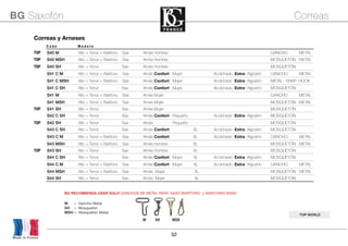 52
BG RECOMIENDA USAR SOLO GANCHOS DE METAL PARA SAXO BARÍTONO y MARCHING BAND
MH = Gancho Metal
SH = Mosquetón
MSH = Mosquetón Metal
Made in France
BG Saxofón Correas
TOP WORLD
Correas y ArnesesCorreas y ArnesesCorreas y ArnesesCorreas y ArnesesCorreas y ArnesesCorreas y Arneses
C o d e M o d e l o
TOP S40 M Alto + Tenor + Barítono Sax Arnés Hombre GANCHO METAL
TOP S40 MSH Alto + Tenor + Barítono Sax Arnés Hombre MOSQUETÓN METAL
TOP S40 SH Alto + Tenor Sax Arnés Hombre MOSQUETÓN
S41 C M Alto + Tenor + Barítono Sax Arnés Confort Mujer Acolchado Extra Algodón GANCHO METAL
S41 C MSH Alto + Tenor + Barítono Sax Arnés Confort Mujer Acolchado Extra Algodón METAL SNAP HOOK
S41 C SH Alto + Tenor Sax Arnés Confort Mujer Acolchado Extra Algodón MOSQUETÓN
S41 M Alto + Tenor + Barítono Sax Arnés Mujer GANCHO METAL
S41 MSH Alto + Tenor + Barítono Sax Arnés Mujer MOSQUETÓN METAL
TOP S41 SH Alto + Tenor Sax Arnés Mujer MOSQUETÓN
S42 C SH Alto + Tenor Sax Arnés Confort Pequeño Acolchado Extra Algodón MOSQUETÓN
TOP S42 SH Alto + Tenor Sax Arnés Pequeño MOSQUETÓN
S43 C SH Alto + Tenor Sax Arnés Confort XL Acolchado Extra Algodón MOSQUETÓN
S43 C M Alto + Tenor + Barítono Sax Arnés Confort XL Acolchado Extra Algodón GANCHO METAL
S43 MSH Alto + Tenor + Barítono Sax Arnés Hombre XL MOSQUETÓN METAL
TOP S43 SH Alto + Tenor Sax Arnés Hombre XL MOSQUETÓN
S44 C SH Alto + Tenor Sax Arnés Confort Mujer XL Acolchado Extra Algodón MOSQUETÓN
S44 C M Alto + Tenor + Barítono Sax Arnés Confort Mujer XL Acolchado Extra Algodón GANCHO METAL
S44 MSH Alto + Tenor + Barítono Sax Arnés Mujer XL MOSQUETÓN METAL
S44 SH Alto + Tenor Sax Arnés Mujer XL MOSQUETÓN
M SH MSH
 