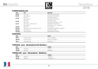 72
GANCHOSGANCHOSGANCHOSGANCHOS
Code Gancho
AM H Correa de saxo Gancho Metálico
AM SH Correa de saxo Mosquetón Metálico
AS H Correa de saxo Mosquetón
Made in France
BG Saxofón Recambios
2016
CUBRE BOQUILLASCUBRE BOQUILLASCUBRE BOQUILLAS
Code Part Abrazadera
AC B3 Saxo Alto Abrazadera Piel Sintética
AC B4 Saxo Barítono Abrazadera Piel Sintética
AC B5
Saxo Alto Abrazadera Metálica
AC B5
Saxo Soprano Abrazadera Piel Sintética
AC B6
Saxo Alto Abrazaderas DUO
AC B6
Saxo Tenor Abrazaderas Metálicas + FLEX
AC B7 Saxo Tenor + Clarinete Alto Abrazadera Piel SintéticaAC B7
Saxo Barítono Abrazaderas FLEX + Metálicas
AC B9 Saxo Alto FLEX Ligature
AC B10 Saxo Alto y Tenor boquillas de metal Abrazaderas UNIVERSAL Metálicas
AC B11 Saxo Soprano Abrazadera Metálica
AC B16 Saxo Sopranino Abrazadera Piel Sintética
TUERCAS para Abrazaderas Piel SintéticaTUERCAS para Abrazaderas Piel SintéticaTUERCAS para Abrazaderas Piel SintéticaTUERCAS para Abrazaderas Piel Sintética
Code Acabado
AN GL Sax Jazz Dorado
AN NP Sax Jazz Niquelado
TORNILLOS para Abrazaderas MetálicasTORNILLOS para Abrazaderas MetálicasTORNILLOS para Abrazaderas MetálicasTORNILLOS para Abrazaderas Metálicas
Code Acabado
AS SP Saxofón Plateado
AS GP Saxofón Chapado Oro
 