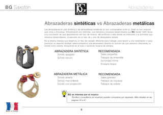 8
Made in France
BG Saxofón Abrazaderas
Abrazaderas sintéticas vs Abrazaderas metálicas
Las abrazaderas en piel sintética y las abrazaderas metálicas no son comparables entre sí. Unas no son mejores
que otras y viceversa. Simplemente son distintas. Los estudios y ensayos desarrollados por BG desde 1985 llevan
a la conclusión de que dependiendo del tipo de música, del auditorio o sala donde se interprete o la actividad que
estemos desarrollando, la elección de un tipo de u otro de abrazadera variará.
De la misma manera que elegimos un tipo de calzado diferente para trabajar, para asistir a una celebración o para
practicar un deporte también seleccionaremos una abrazadera distinta en función de que estemos ofreciendo un
recital como solista, ensayando en el aula o haciendo música de cámara.
ABRAZADERA SINTÉTICA
ABRAZADERA METÁLICA
Sonido abierto
Sonido mas brillante
Sonido con proyección
RECOMENDADA
Salas pequeñas
Trabajos de ensemble
Sonoridad íntima
Ensayos largos
RECOMENDADA
Salas grandes
Trabajos de orquesta
Trabajos de solista
Sonido apagado
Sonido oscuro
BG se interesa por el músico

 Tornillos y boquilleros de recambio pueden comprarse por separado. Más detalles en las
páginas 53 a 61
 