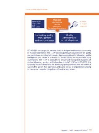 Laboratory Quality Management System 131
ISO 15189 is sector speciﬁc,meaning that it is designed and intended for use only
by medical laboratories. ISO 15189 speciﬁes particular requirements for quality
and competence of medical laboratories.It provides guidance for laboratory quality
management and technical processes to ensure quality in medical laboratory
examinations. ISO 15189 is applicable to all currently recognized disciplines of
medical laboratory services, and is based on both ISO 17025 and ISO 9001. It is
for use by medical laboratories for developing quality,administrative and technical
systems that govern their operations, and is also for use by organizations wishing
to conﬁrm or recognize competence of medical laboratories.
11-4: Certiﬁcation and accreditation
Medical
laboratory
Laboratory quality
management
technical processes
Quality
administrative
technical systems
Particular
requirements
for quality and competence
Based on ISO
17025 : 1999
and
9001 : 2000
or recognize
competence
 