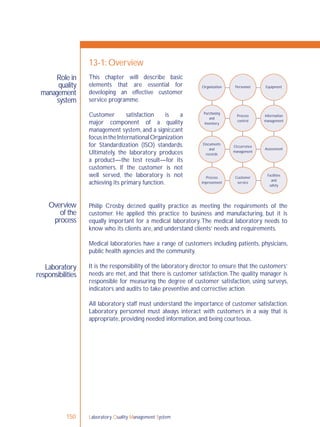 Laboratory Quality Management System150
Role in
quality
management
system
Overview
of the
process
Laboratory
responsibilities
13-1: Overview
Philip Crosby deﬁned quality practice as meeting the requirements of the
customer. He applied this practice to business and manufacturing, but it is
equally important for a medical laboratory. The medical laboratory needs to
know who its clients are, and understand clients’ needs and requirements.
Medical laboratories have a range of customers including patients, physicians,
public health agencies and the community.
It is the responsibility of the laboratory director to ensure that the customers’
needs are met, and that there is customer satisfaction.The quality manager is
responsible for measuring the degree of customer satisfaction, using surveys,
indicators and audits to take preventive and corrective action.
All laboratory staff must understand the importance of customer satisfaction.
Laboratory personnel must always interact with customers in a way that is
appropriate, providing needed information, and being courteous.
Organization Personnel Equipment
Purchasing
and
inventory
Process
control
Information
management
Occurrence
management
Assessment
Facilities
and
safety
Customer
service
Process
improvement
Documents
and
records
This chapter will describe basic
elements that are essential for
developing an effective customer
service programme.
Customer satisfaction is a
major component of a quality
management system, and a signiﬁcant
focusintheInternationalOrganization
for Standardization (ISO) standards.
Ultimately, the laboratory produces
a product—the test result—for its
customers. If the customer is not
well served, the laboratory is not
achieving its primary function.
 
