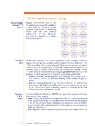 Laboratory Quality Management System168
Role in quality
management
system
Historical
basis
Deming’s
PDCA
cycle
15-1: Continual improvement concept
W. Edwards Deming is one of the originators of the concept of continual
improvement, the primary goal of a quality management system. Beginning in the
1940s, he worked with manufacturing and industrial processes, and introduced
many of the tools used in quality improvement efforts; his ideas and concepts
are used today to produce reliable, quality laboratory results. Deming outlined
14 points for quality,many of which can easily be applied to the laboratory.For the
purposes of this discussion, two of his points are particularly important:
1. Create constancy of purpose for improvement. The message here is
that there is a need to be constantly working toward making the process
better.
2. Improve constantly and forever.This statement points out that continual
improvement will always be a goal. Perfection is never achieved, but we try to
get as close to it as possible. Process improvement is something that is never
ﬁnished, but rather continues on “forever”.
The Deming Plan-Do-Check-Act (PDCA) cycle shows how to achieve continual
improvement in any process.
 Plan—identify the problems and the potential sources of system weakness or
error. Decide on the steps to be used to gather information.Ask the question,
“How can you best assess the current situation and analyze root causes of problem
areas?” Using the information that is gathered through these techniques,develop
a plan for improvement.
 Do—implement whatever plans have been developed—put the plan into action.
Organization Personnel Equipment
Purchasing
and
inventory
Process
control
Information
management
Occurrence
management
Assessment
Facilities
and
safety
Customer
service
Process
improvement
Documents
and
records
Process improvement, one of the
12 quality system essentials, establishes
a programme for helping to ensure
continual improvement in laboratory
quality over time. This continual
improvement of the laboratory
processes is essential in a quality
management system.
 