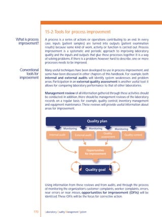 Laboratory Quality Management System170
What is process
improvement?
Conventional
tools for
improvement
15-2:Tools for process improvement
A process is a series of actions or operations contributing to an end. In every
case, inputs (patient samples) are turned into outputs (patient examination
results) because some kind of work, activity or function is carried out. Process
improvement is a systematic and periodic approach to improving laboratory
quality and the inputs and outputs that glue these processes together. It is a way
of solving problems. If there is a problem, however hard to describe, one or more
processes needs to be improved.
Many useful techniques have been developed to use in process improvement, and
some have been discussed in other chapters of this handbook. For example, both
internal and external audits will identify system weaknesses and problem
areas. Participation in an external quality assessment is another useful tool; it
allows for comparing laboratory performance to that of other laboratories.
Management review of all information gathered through these activities should
be conducted.In addition,there should be management reviews of the laboratory
records on a regular basis; for example, quality control, inventory management
and equipment maintenance.These reviews will provide useful information about
areas for improvement.
Using information from these reviews and from audits, and through the process
of monitoring the organization’s customer complaints, worker complaints, errors,
near errors or near misses, opportunities for improvement (OFIs) will be
identiﬁed.These OFIs will be the focus for corrective action.
Quality plan
Monitoring Monitoring Monitoring
Internal audit External audit
Quality
assessment
Quality control
Opportunities
for improvement
Quality goal
 