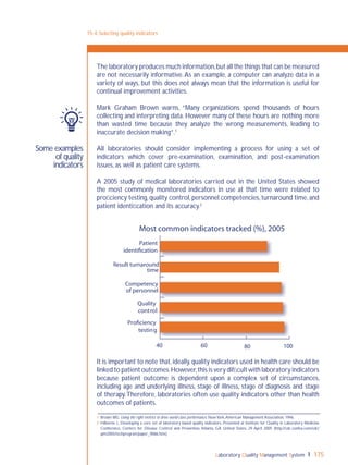 Laboratory Quality Management System 175
Some examples
of quality
indicators
The laboratory produces much information,but all the things that can be measured
are not necessarily informative.As an example, a computer can analyze data in a
variety of ways, but this does not always mean that the information is useful for
continual improvement activities.
Mark Graham Brown warns, “Many organizations spend thousands of hours
collecting and interpreting data. However many of these hours are nothing more
than wasted time because they analyze the wrong measurements, leading to
inaccurate decision making”.1
All laboratories should consider implementing a process for using a set of
indicators which cover pre-examination, examination, and post-examination
issues, as well as patient care systems.
A 2005 study of medical laboratories carried out in the United States showed
the most commonly monitored indicators in use at that time were related to
proﬁciency testing,quality control,personnel competencies,turnaround time,and
patient identiﬁcation and its accuracy.2
It is important to note that,ideally,quality indicators used in health care should be
linked to patient outcomes.However,this is very difﬁcult with laboratory indicators
because patient outcome is dependent upon a complex set of circumstances,
including age and underlying illness, stage of illness, stage of diagnosis and stage
of therapy.Therefore, laboratories often use quality indicators other than health
outcomes of patients.
15-4: Selecting quality indicators
Proficiency
testing
Quality
control
Competency
of personnel
Result turnaround
time
Patient
identification
6040 80 100
Most common indicators tracked (%), 2005
1 Brown MG. Using the right metrics to drive world-class performance. NewYork,American Management Association, 1996.
2 Hilborne L. Developing a core set of laboratory based quality indicators. Presented at Institute for Quality in Laboratory Medicine
Conference, Centers for Disease Control and Prevention, Atlanta, GA United States, 29 April 2005 (http://cdc.confex.com/cdc/
qlm2005/techprogram/paper_9086.htm).
 