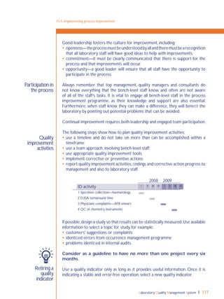 Laboratory Quality Management System 177
Quality
improvement
activities
Retiring a
quality
indicator
Participation in
the process
Good leadership fosters the culture for improvement, including:
 openness—theprocessmustbeunderstoodbyallandtheremustbearecognition
that all laboratory staff will have good ideas to help with improvements.
 commitment—it must be clearly communicated that there is support for the
process and that improvements will occur.
 opportunity—a good leader will ensure that all staff have the opportunity to
participate in the process.
Always remember that top management, quality managers and consultants do
not know everything that the bench-level staff know, and often are not aware
of all of the staff’s tasks. It is vital to engage all bench-level staff in the process
improvement programme, as their knowledge and support are also essential.
Furthermore, when staff know they can make a difference, they will beneﬁt the
laboratory by pointing out potential problems that can be avoided.
Continual improvement requires both leadership and engaged team participation.
The following steps show how to plan quality improvement activities:
 use a timeline and do not take on more than can be accomplished within a
timeframe;
 use a team approach, involving bench-level staff;
 use appropriate quality improvement tools;
 implement corrective or preventive actions;
 report quality improvement activities,ﬁndings and corrective action progress to
management and also to laboratory staff.
If possible,design a study so that results can be statistically measured.Use available
information to select a topic for study, for example:
 customers' suggestions or complaints
 identiﬁed errors from occurrence management programme
 problems identiﬁed in internal audits.
Consider as a guideline to have no more than one project every six
months.
Use a quality indicator only as long as it provides useful information. Once it is
indicating a stable and error-free operation, select a new quality indicator.
15-5: Implementing process improvement
2008 2009
ID activity I II III IV I II III IV
1 Specimen collection—haematology
2 ELISA turnaround time
3 Physicians complaints—AFB smears
4 QC of chemistry instruments
 