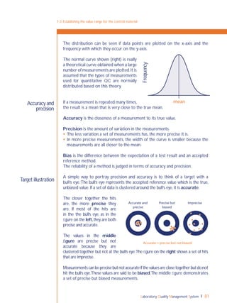 Laboratory Quality Management System 81
7-3: Establishing the value range for the control material
Accuracy and
precision
Target illustration
The distribution can be seen if data points are plotted on the x-axis and the
frequency with which they occur on the y-axis.
The normal curve shown (right) is really
a theoretical curve obtained when a large
number of measurements are plotted.It is
assumed that the types of measurements
used for quantitative QC are normally
distributed based on this theory.
If a measurement is repeated many times,
the result is a mean that is very close to the true mean.
Accuracy is the closeness of a measurement to its true value.
Precision is the amount of variation in the measurements.
 The less variation a set of measurements has, the more precise it is.
 In more precise measurements, the width of the curve is smaller because the
measurements are all closer to the mean.
Bias is the difference between the expectation of a test result and an accepted
reference method.
The reliability of a method is judged in terms of accuracy and precision.
A simple way to portray precision and accuracy is to think of a target with a
bull’s eye.The bull’s eye represents the accepted reference value which is the true,
unbiased value.If a set of data is clustered around the bull’s eye,it is accurate.
The closer together the hits
are, the more precise they
are. If most of the hits are
in the the bull’s eye, as in the
ﬁgure on the left,they are both
precise and accurate.
The values in the middle
ﬁgure are precise but not
accurate because they are
clustered together but not at the bull’s eye.The ﬁgure on the right shows a set of hits
that are imprecise.
Measurementscanbeprecisebutnotaccurateifthevaluesareclosetogetherbutdonot
hit the bull’s eye.These values are said to be biased.The middle ﬁgure demonstrates
a set of precise but biased measurements.
mean
Frequency
Accurate and
precise
Precise but
biased
Imprecise
Accurate = precise but not biased
 