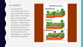 La sísmica
• Los sismos son
movimientos de tierras
que se producen cuando
en el interior de la Tierra
(foco), donde existen
fracturas o fallas de cierto
volumen, o explosiones,
se genera un movimiento
de masas de roca que
liberan ondas de energía
en forma concéntrica
hasta llegar a la superficie
del planeta (epicentro).
 