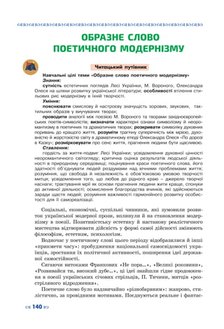 ™˜™˜™˜™˜™˜™˜™˜™˜™˜™˜™˜™˜™˜™˜™˜™˜
– 140 —
ОБРАЗНЕ СЛОВО
ПОЕТИЧНОГО МОДЕРНІЗМУ
Читацький путівник
Навчальні цілі теми «Образне слово поетичного модернізму»
Знання:
сутність естетичних поглядів Лесі Українки, М. Вороного, Олександра
Олеся на шляхи розвитку української літератури; особливості втілення сти-
льових рис модернізму в їхній творчості.
Уміння:
пояснювати смислову й настроєву значущість зорових, звукових, так-
тильних образів у виучуваних творах;
проводити аналогії між поезією М. Вороного та творами західноєвропей-
ських поетів-символістів; визначати характерні ознаки символізму й неоро-
мантизму в поетичних та драматичних творах; розкривати символіку духовних
поривань до кращого життя, розуміти трагічну суперечність між мрією, духо-
вністю й жорстокістю світу в драматичному етюді Олександра Олеся «По дорозі
в Казку»; розмірковувати про сенс життя, прагнення людини бути щасливою.
Ставлення:
гордість за життя-подвиг Лесі Українки; усвідомлення духовної цінності
неоромантичного світогляду; критична оцінка результатів людської діяль-
ності в природному середовищі; поцінування краси поетичного слова, його
здатності об’єднувати людей роздумами над вічними проблемами життя;
розуміння, що свобода й незалежність є обов’язковою умовою творчості
митця; усвідомлення того, що любов до рідного краю – джерело творчої
наснаги; трактування мрії як основи прагнення людини жити краще, спонуки
до активної діяльності; осмислення благородства вчинків, які здійснюються
заради щастя людей; розуміння важливості гармонійного розвитку особис-
тості для її самореалізації.
Соціальні, економічні, суспільні чинники, які зумовили розви-
ток української модерної прози, вплинули й на становлення модер-
нізму в поезії. Позитивістську естетику й настанову реалістичного
мистецтва відтворювати дійсність у формі самої дійсності змінюють
філософізм, естетизм, психологізм.
Водночас у поетичному слові цього періоду відобразилися й інші
«прикмети часу»: пробудження національної самосвідомості укра-
їнців, зростання їх політичної активності, поширення ідеї держав-
ної самостійності.
Сягаючи витоками Франкових «Не пора…», «Великі роковини»,
«Розвивайся ти, високий дубе…», ці ідеї знайшли гідне продовжен-
ня в поезії українських січових стрільців, П. Тичини, митців «роз-
стріляного відродження».
Поетичне слово було надзвичайно «різнобарвним»: жанрово, сти-
лістично, за провідними мотивами. Поєднуються реальне і фантас-
 