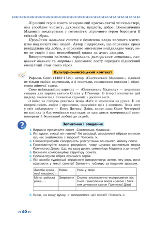 ™˜™˜™˜™˜™˜™˜™˜™˜™˜™˜™˜™˜™˜™˜™˜™˜
– 60 —
Ліричний герой сонета зачарований красою святої жінки-матері,
яка уособлює чистоту, духовність, щирість, добро. Возвеличення
Мадонни поєднується з готовністю ліричного героя боронити її
світлий образ.
Провідним мотивом сонета є безмежна влада високого мисте-
цтва над почуттями людей. Автор підкреслює, що справжня краса
невіддільна від добра, а справжнє мистецтво непідвладне часу, во-
но не старіє і має непереборний вплив на душу людини.
Використання епітетів, порівнянь, риторичних запитань, емо-
ційних окликів та звертань допомагає поету передати піднесений
емоційний стан свого героя.
Культурно-мистецький контекст
Рафаель Санті (1483–1520), автор «Сікстинської Мадонни», відомий
не тільки своїми картинами, а й сонетами, сповненими кохання і підне-
сення жіночої краси.
Свою найвидатнішу картину  — «Сікстинську Мадонну»  — художник
створив для церкви святого Сікста у П’яченце. В  історії мистецтва цей
шедевр вважається символом гармонії і досконалості.
З небес на глядача дивиться Божа Мати із немовлям на руках. Її очі
випромінюють любов і прощення, розуміння всіх і кожного. Вона несе
у світ найдорожче  — Божу Дитину. Зліва, внизу папа Сікст Четвертий
на колінах із благоговінням споглядає за цим дивом материнської само-
пожертви й безмежної любові до людей.
Запитання і завдання
1.	Виразно прочитайте сонет «Сікстинська Мадонна».
2.	Які думки, емоції він навіяв? Які асоціації, асоціативні образи виникли
під час знайомства з твором? Поясніть їх.
3.	Охарактеризуйте своєрідність розгортання основного мотиву поезії.
4.	Прокоментуйте власне розуміння, чому Франко схиляється перед
Пречистою Дівою. Що, на вашу думку, символізує Мадонна з дитиною?
5.	Визначте композиційну структуру сонета.
6.	Проаналізуйте образ ліричного героя.
7.	Які засоби художньої виразності використовує автор, яку роль вони
відіграють у тексті сонета? Заповніть таблицю за поданим зразком.
Засоби худож-
ньої виразності
Назва Роль у творі
Мати, райська
роже,….
Звер­тання Сприяє висловленню експресивних від-
тінків (захоплення поета красою і бага-
тим духовним світом Пречистої Діви)
8.	Якою, на вашу думку, є колористика цієї поезії? Поясніть її.
 