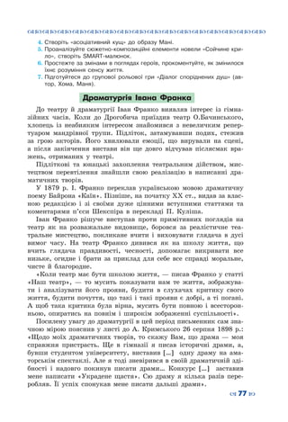 ™˜™˜™˜™˜™˜™˜™˜™˜™˜™˜™˜™˜™˜™˜™˜™˜
– 77 —
4.	Створіть «асоціативний кущ» до образу Мані.
5.	Проаналізуйте сюжетно-композиційні елементи новели «Сойчине кри-
ло», створіть SMART-малюнок.
6.	Простежте за змінами в поглядах героїв, прокоментуйте, як змінилося
їхнє розуміння сенсу життя.
7.	Підготуйтеся до групової рольової гри «Діалог споріднених душ» (ав-
тор, Хома, Маня).
Драматургія Івана Франка
До театру й драматургії Іван Франко виявляв інтерес із гімна-
зійних часів. Коли до Дрогобича приїздив театр О.Бачинського,
хлопець із неабияким інтересом знайомився з невеличким репер-
туаром мандрівної трупи. Підліток, затамувавши подих, стежив
за грою акторів. Його хвилювали емоції, що вирували на сцені,
а після закінчення вистави він ще довго відчував післясмак вра-
жень, отриманих у театрі.
Підліткові та юнацькі захоплення театральним дійством, мис-
тецтвом перевтілення знайшли свою реалізацію в написанні дра-
матичних творів.
У 1879 р. І.  Франко переклав українською мовою драматичну
поему Байрона «Каїн». Пізніше, на початку ХХ ст., видав за влас-
ною редакцією і зі своїми дуже цінними вступними статтями та
коментарями п’єси Шекспіра в перекладі П.  Куліша.
Іван Франко рішуче виступав проти примітивних поглядів на
театр як на розважальне видовище, боровся за реалістичне теа-
тральне мистецтво, покликане вчити і виховувати глядача в дусі
вимог часу. На  театр Франко дивився як на школу життя, що
вчить глядача правдивості, чесності, допомагає викривати все
низьке, огидне і брати за приклад для себе все справді моральне,
чисте й благородне.
«Коли театр має бути школою життя, — писав Франко у статті
«Наш театр»,  — то мусить показувати нам те життя, зображува-
ти і аналізувати його прояви, будити в слухачах критику свого
життя, будити почуття, що такі і такі прояви є добрі, а ті погані.
А  щоб така критика була вірна, мусить бути повною і всесторон-
ньою, опиратись на повнім і широкім зображенні суспільності».
Посилену увагу до драматургії в цей період письменник сам зна-
чною мірою пояснив у листі до А.  Кримського 26 серпня 1898  р.:
«Щодо моїх драматичних творів, то скажу Вам, що драма  — моя
справжня пристрасть. Ще в гімназії я писав історичні драми, а,
бувши студентом університету, виставив […] одну драму на ама-
торськім спектаклі. Але я тоді зневірився в своїй драматичній зді-
бності і надовго покинув писати драми… Конкурс […] заставив
мене написати «Украдене щастя». Сю драму я кілька разів пере-
робляв. Її успіх спонукав мене писати дальші драми».
 