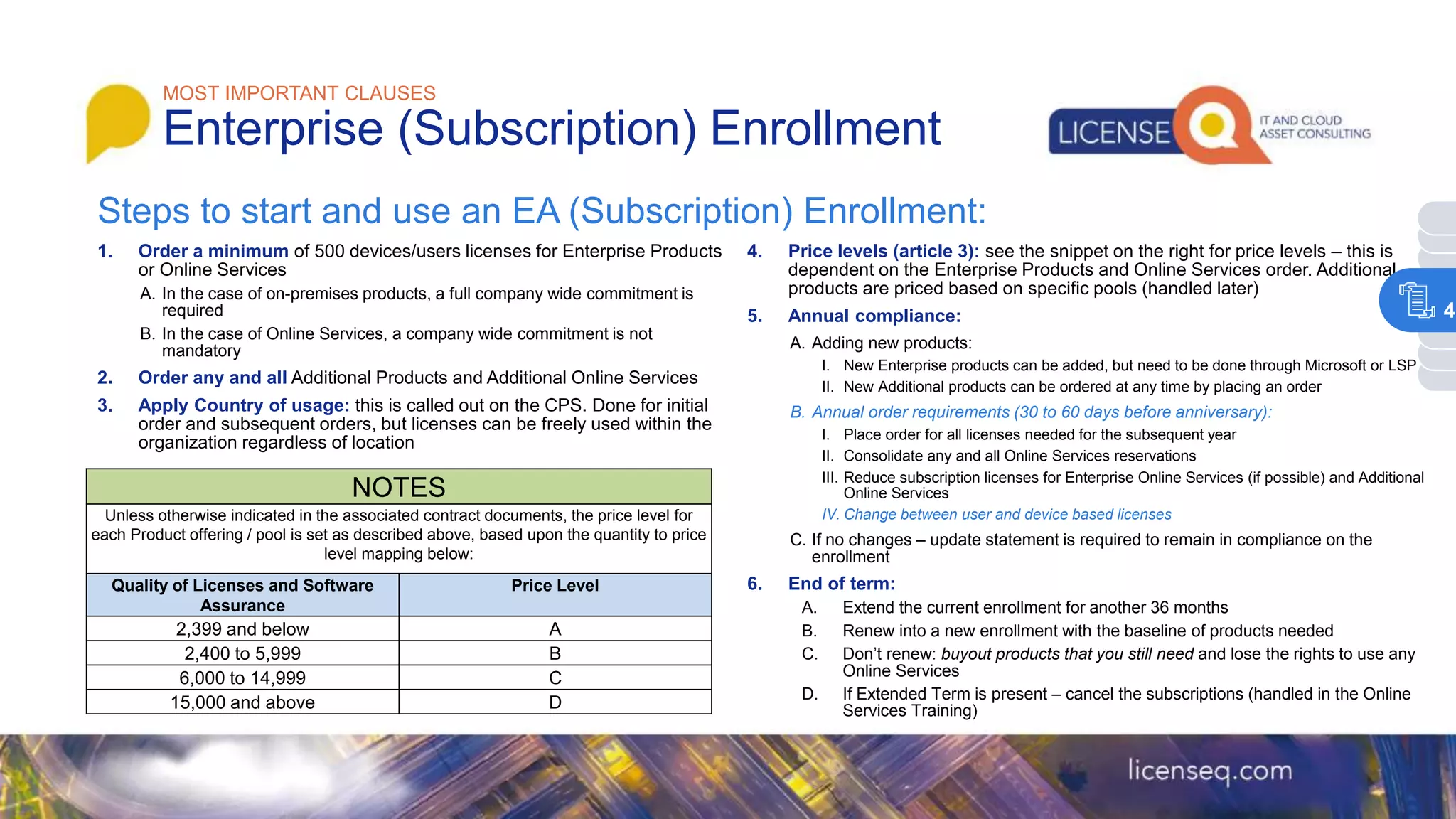 1. Order a minimum of 500 devices/users licenses for Enterprise Products
or Online Services
A. In the case of on-premises products, a full company wide commitment is
required
B. In the case of Online Services, a company wide commitment is not
mandatory
2. Order any and all Additional Products and Additional Online Services
3. Apply Country of usage: this is called out on the CPS. Done for initial
order and subsequent orders, but licenses can be freely used within the
organization regardless of location
MOST IMPORTANT CLAUSES
Enterprise (Subscription) Enrollment
NOTES
Unless otherwise indicated in the associated contract documents, the price level for
each Product offering / pool is set as described above, based upon the quantity to price
level mapping below:
Quality of Licenses and Software
Assurance
Price Level
2,399 and below A
2,400 to 5,999 B
6,000 to 14,999 C
15,000 and above D
Steps to start and use an EA (Subscription) Enrollment:
4. Price levels (article 3): see the snippet on the right for price levels – this is
dependent on the Enterprise Products and Online Services order. Additional
products are priced based on specific pools (handled later)
5. Annual compliance:
A. Adding new products:
I. New Enterprise products can be added, but need to be done through Microsoft or LSP
II. New Additional products can be ordered at any time by placing an order
B. Annual order requirements (30 to 60 days before anniversary):
I. Place order for all licenses needed for the subsequent year
II. Consolidate any and all Online Services reservations
III. Reduce subscription licenses for Enterprise Online Services (if possible) and Additional
Online Services
IV. Change between user and device based licenses
C. If no changes – update statement is required to remain in compliance on the
enrollment
6. End of term:
A. Extend the current enrollment for another 36 months
B. Renew into a new enrollment with the baseline of products needed
C. Don’t renew: buyout products that you still need and lose the rights to use any
Online Services
D. If Extended Term is present – cancel the subscriptions (handled in the Online
Services Training)
4
 