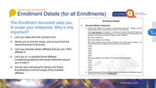 1. Let’s you state what the contract is for
2. Allows you to limit the scope, and as such limit the
required amount of licenses
3. Let’s you exclude certain affiliates that you are >50%
affiliate of
4. Let’s you in- or exclude future affiliates
(mergers/acquisitions) that would otherwise require
you to step in
5. Can be very interesting for Server and Cloud
Enrollments to limit the scope of the included
affiliates
SCOPE YOUR ENTERPRISE
Enrollment Details (for all Enrollments)
The Enrollment document asks you
to scope your enterprise. Why is this
important? 4
 