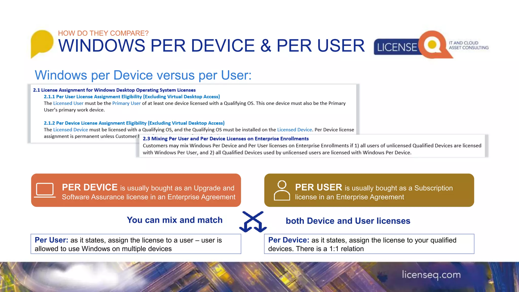 HOW DO THEY COMPARE?
WINDOWS PER DEVICE & PER USER
Windows per Device versus per User:
both Device and User licenses
Per User: as it states, assign the license to a user – user is
allowed to use Windows on multiple devices
Per Device: as it states, assign the license to your qualified
devices. There is a 1:1 relation
You can mix and match
PER DEVICE is usually bought as an Upgrade and
Software Assurance license in an Enterprise Agreement
PER USER is usually bought as a Subscription
license in an Enterprise Agreement
 