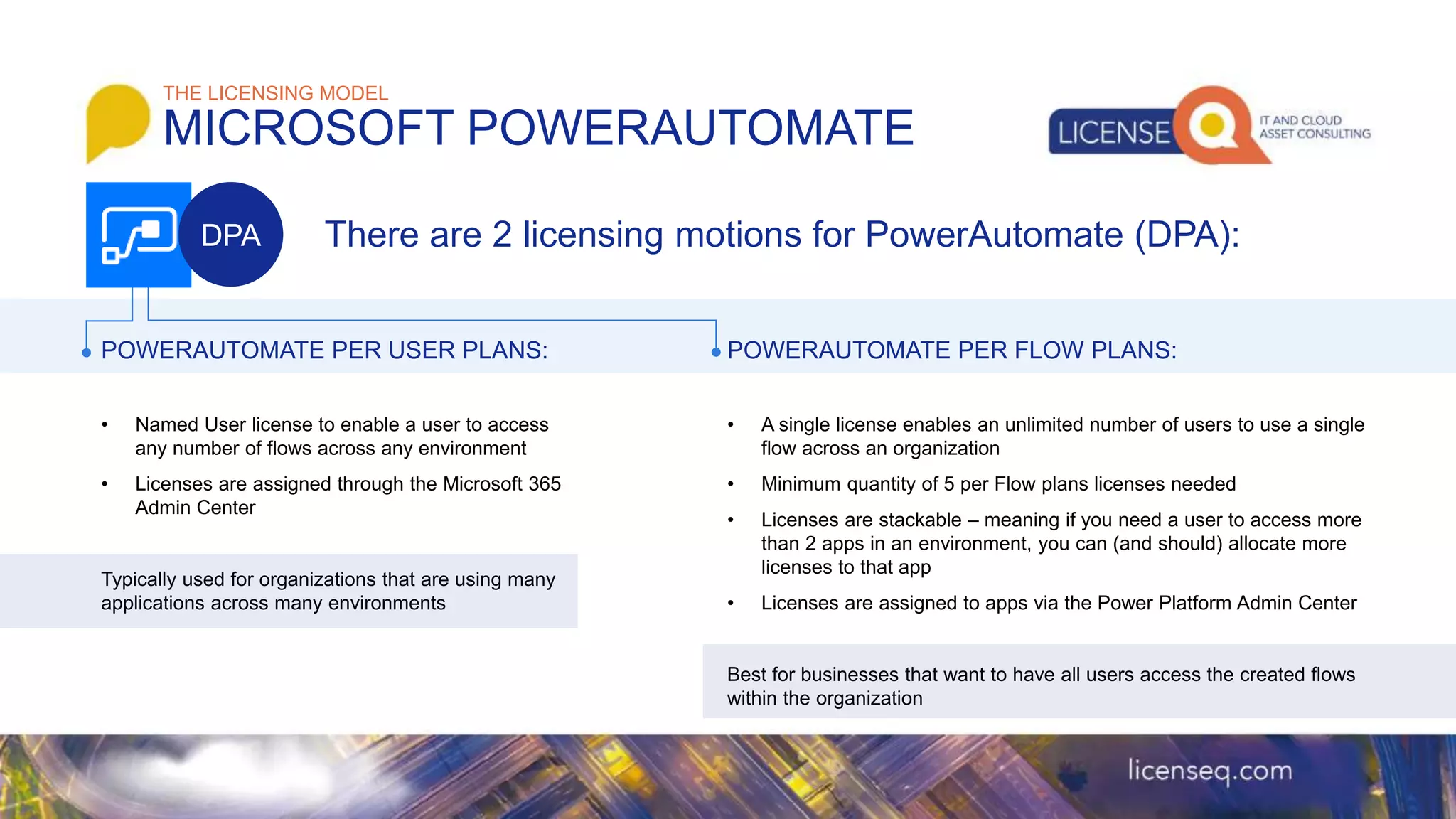 POWERAUTOMATE PER USER PLANS:
• Named User license to enable a user to access
any number of flows across any environment
• Licenses are assigned through the Microsoft 365
Admin Center
Typically used for organizations that are using many
applications across many environments
POWERAUTOMATE PER FLOW PLANS:
• A single license enables an unlimited number of users to use a single
flow across an organization
• Minimum quantity of 5 per Flow plans licenses needed
• Licenses are stackable – meaning if you need a user to access more
than 2 apps in an environment, you can (and should) allocate more
licenses to that app
• Licenses are assigned to apps via the Power Platform Admin Center
Best for businesses that want to have all users access the created flows
within the organization
THE LICENSING MODEL
MICROSOFT POWERAUTOMATE
There are 2 licensing motions for PowerAutomate (DPA):
DPA
 