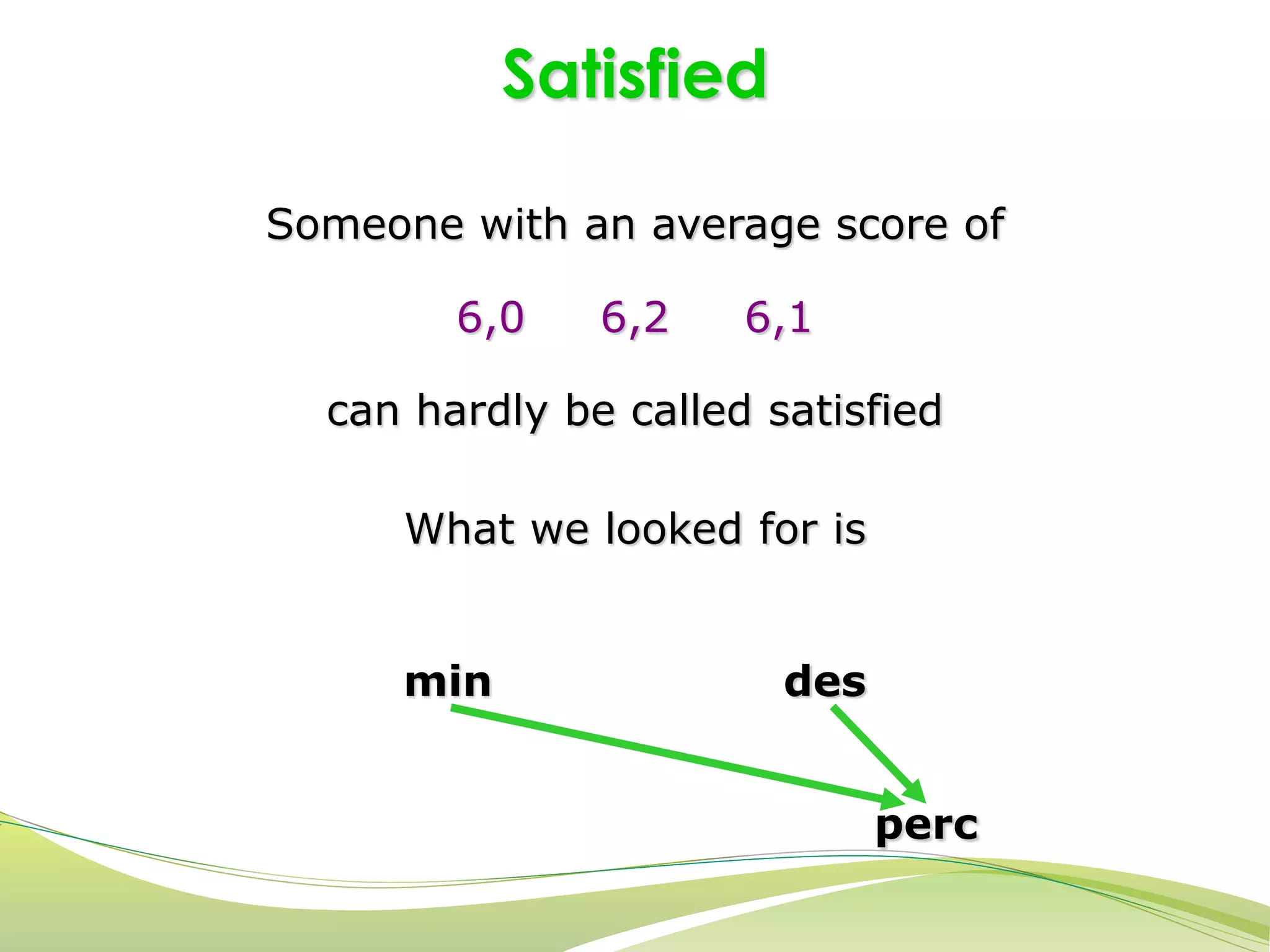 Satisfied 
Someone with an average score of 
6,0 6,2 6,1 
can hardly be called satisfied 
What we looked for is 
min des 
perc 
 