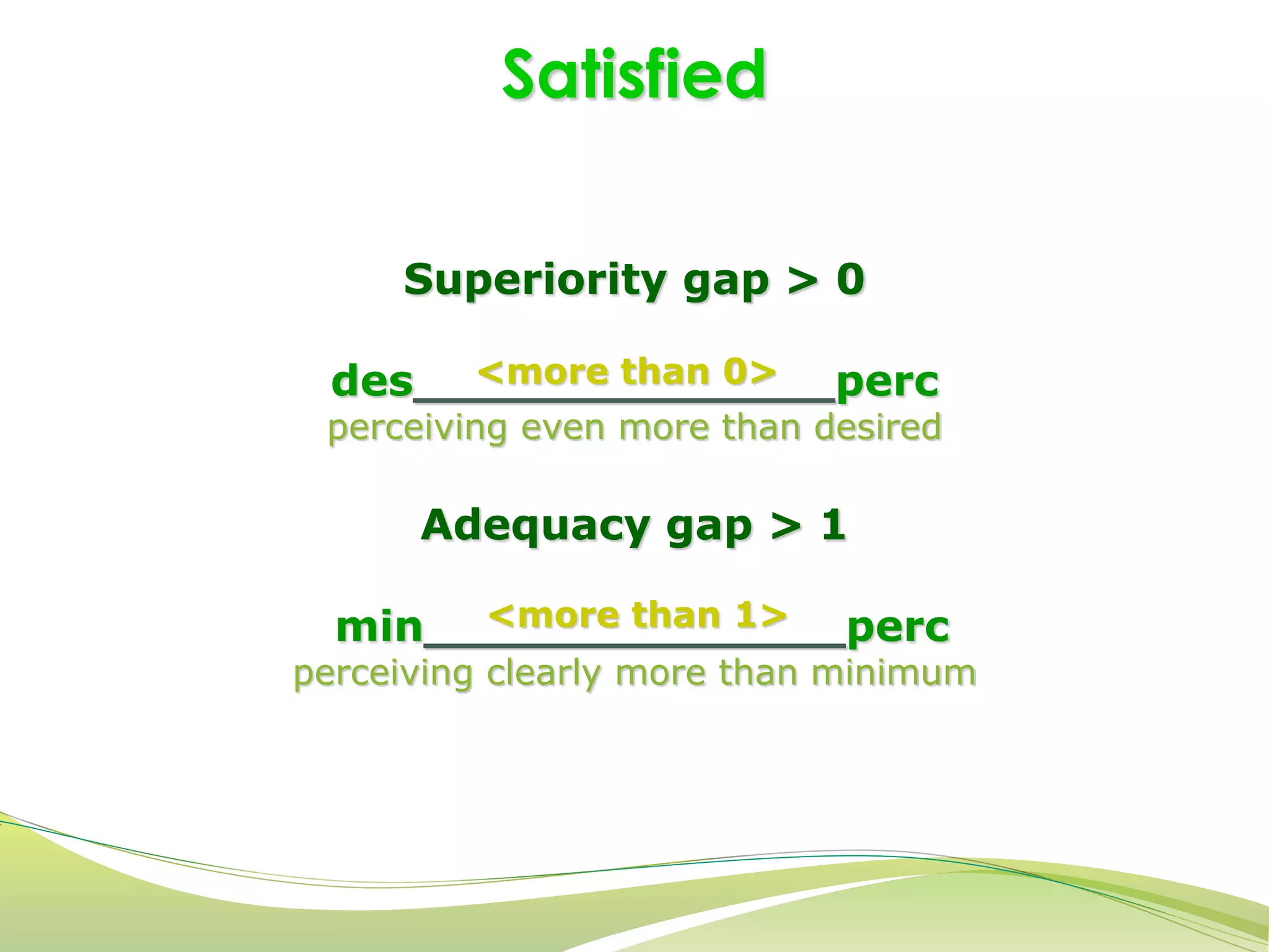 Satisfied 
Superiority gap > 0 
<more than 0> 
des______________perc 
perceiving even more than desired 
xxxxxxxxxxxxxxxxxxxxxxxxxxxx 
Adequacy gap > 1 
<more than 1> 
min______________perc 
perceiving clearly more than minimum 
 