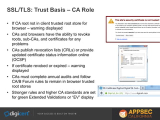 SSL/TLS: Trust Basis – CA Role
• If CA root not in client trusted root store for
browser – warning displayed
• CAs and browsers have the ability to revoke
roots, sub-CAs, and certificates for any
problems
• CAs publish revocation lists (CRLs) or provide
updated certificate status information online
(OCSP)
• If certificate revoked or expired – warning
displayed
• CAs must complete annual audits and follow
CA/B Forum rules to remain in browser trusted
root stores
• Stronger rules and higher CA standards are set
for green Extended Validations or “EV” display
 