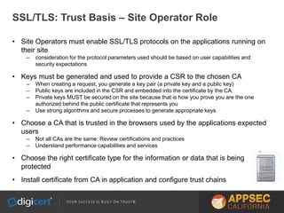 SSL/TLS: Trust Basis – Site Operator Role
• Site Operators must enable SSL/TLS protocols on the applications running on
their site
– consideration for the protocol parameters used should be based on user capabilities and
security expectations
• Keys must be generated and used to provide a CSR to the chosen CA
– When creating a request, you generate a key pair (a private key and a public key)
– Public keys are included in the CSR and embedded into the certificate by the CA,
– Private keys MUST be secured on the site because that is how you prove you are the one
authorized behind the public certificate that represents you
– Use strong algorithms and secure processes to generate appropriate keys
• Choose a CA that is trusted in the browsers used by the applications expected
users
– Not all CAs are the same: Review certifications and practices
– Understand performance capabilities and services
• Choose the right certificate type for the information or data that is being
protected
• Install certificate from CA in application and configure trust chains
 