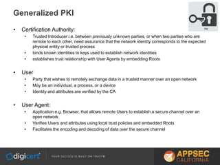 • Certification Authority:
• Trusted Introducer i.e. between previously unknown parties, or when two parties who are
remote to each other, need assurance that the network identity corresponds to the expected
physical entity or trusted process
• binds known identities to keys used to establish network identities
• establishes trust relationship with User Agents by embedding Roots
• User
• Party that wishes to remotely exchange data in a trusted manner over an open network
• May be an individual, a process, or a device
• Identity and attributes are verified by the CA
• User Agent:
• Application e.g. Browser, that allows remote Users to establish a secure channel over an
open network
• Verifies Users and attributes using local trust policies and embedded Roots
• Facilitates the encoding and decoding of data over the secure channel
Generalized PKI
 