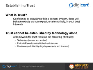 Establishing Trust
What is Trust?
– Confidence or assurance that a person, system, thing will
behave exactly as you expect, or alternatively, in your best
interests
Trust cannot be established by technology alone
– A framework for trust requires the following attributes:
• Technology (secure and audited)
• Policy & Procedures (published and proven)
• Relationships & Liability (legal agreements and licenses)
 