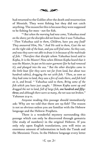 had returned to the Galilee after the death and resurrection
of Messiah. They went ﬁshing but they did not catch
anything.Thereasonforthisisbecausetheyweresupposed
to be ﬁshing for men - not for ﬁsh.
“4
But when the morning had now come, Yahushua stood
on the shore; yet the disciples did not know that it was Yahushua.
5
Then Yahushua said to them, Children, have you any food?
They answered Him, No. 6
And He said to them, Cast the net
on the right side of the boat, and you will ﬁnd some. So they cast,
and now they were not able to draw it in because of the multitude
of ﬁsh. 7
Therefore that disciple whom Yahushua loved said to
Kepha, It is the Master! Now when Shimon Kepha heard that it
was the Master, he put on his outer garment (for he had removed
it), and plunged into the sea. 8
But the other disciples came in
the little boat (for they were not far from land, but about two
hundred cubits), dragging the net with ﬁsh. 9
Then, as soon as
they had come to land, they saw a ﬁre of coals there, and ﬁsh laid
on it, and bread. 10
Yahushua said to them, Bring some of the
ﬁsh which you have just caught. 11
Shimon Kepha went up and
dragged the net to land, full of large ﬁsh, one hundred and ﬁfty-one hundred and ﬁfty-
threethree; and although there were so many, the net was not broken.”
Yahanan 21:4-11.
Anyone reading this passage should immediately
ask: Why are we told that there are 153 ﬁsh? The reason
is not so obvious unless you are familiar with the Hebrew
language and the Hebrew Prophets.
There is a wonderful mystery surrounding this
passage which can only be discovered through gematria
(the study of numbers) in the original Hebrew. If you
only rely upon English translations, you will miss an
enormous amount of information in both the Tanak and
the Messianic Texts. In the Hebrew language every letter
130
 