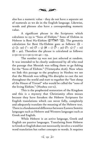 also has a numeric value - they do not have a separate set
of numerals as we do in the English language. Likewise,
words and phrases also have a corresponding numeric
value.
A signiﬁcant phrase in the Scriptures which
calculates to 153 is “Sons of Elohim.” Sons of Elohim in
Hebrew is Beni Ha-Elohim (<yhlah ynb). The gematria
calculation for Beni Ha-Elohim goes as follows: (b =
2) (n= 50) (y= 10) (h = 5) (a = 1) (l = 30) (h= 5) (y = 10)
(< = 40). Therefore the phrase is calculated as follows:
2+50+10+5+1+30+5+10+40 = 153.
The number 153 was not just selected at random.
It was intended to be clearly understood by all who read
the passage that Messiah was telling them to go ﬁshing
for the “Sons of Elohim.” (Yirmeyahu 16:16). Now when
we link this passage to the prophecy in Hoshea we see
that the Messiah was telling His disciples to cast the net
throughout the world and start to regather the “lost sheep
of the House of Yisrael” who would be called the “sons of
the living Elohim.” (Hoshea 1:10-11).
This is the prophesied restoration of the Kingdom
and this is a mystery that Christianity often misses
because they have forsaken the Hebrew Scriptures for
English translations which can never fully, completely
and adequately translate the meaning of the Hebrew text.
ThereisafundamentaldifferencebetweenEasternSemitic
languages such as Hebrew and Western languages such as
Greek and English.
While Hebrew is an active language, Greek and
English are passive languages. Translating from Hebrew
to Greek or English does not necessarily involve a word for
word translation but rather concepts to words. It requires
131
 