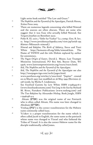 Light series book entitled “The Law and Grace.”
25
The Nephilim and the Pyramid of the Apocalypse, Patrick Heron,
Xulon Press 2005.
26
There are numerous legends concerning who killed Nimrod
and the sources are often obscure. There are some who
suggest that it was Esau who actually killed Nimrod. See
Targum Jonathan on Beresheet 25:27.
27
Pirke R. El. xxiv.; “Sefer ha-Yashar” l.c.; comp. Gen. R. lxv.
12. http://www.jewishencyclopedia.com/view.jsp?artid=295
&letter=N&search=nimrod.)
28
Nimrod and Babylon: The Birth of Idolatry, Steve and Terri
White http://koinonia-all.org/bible/nimrod.htm. The
Name of YHWH and the title Elohim replaced by author
for consistency.
29
The Pagan Origin of Easter, David J. Meyer, Last Trumpet
Ministries International, PO Box 806, Beaver Dam, WI
53916, www.lasttrumpetministries.org/tracts/tract1.html.
30
ibid, The Nephilim and the Pyramid of the Apocalypse.
31
ibid, The Nephilim and the Pyramid of the Apocalypse see also
http://tourpagan.itgo.com/archi/page2.html.
32
www.pantheon.org/articles/z/zeus.html “Jupiter” created
on 03 March 1997; last modiﬁed on 26 May 1999 (Revision 2).
228 words. by Micha F. Lindemans.
33
See Fossilized Customs by Lew White ISBN 0-9583453-6-7
(www.fossilizedcustoms.com) Too Long in the Sun by Richard
M. Rives, Partakers Publications (www.toolong.com) and
The Two Babylons by Alexander Hislop, Book Jungle, ISBN
1-5946248-4-4
34
Abram (<rba) was the original name of our Patriarch
who is often called Abram. His name was later changed to
Abraham (<hrba).
35
Yitshaq (qjxy) is the correct transliteration for the Hebrew
name commonly called Isaac.
36
Ya’akov is a proper transliteration for the name which is
often called Jacob in English, the same name as the patriarch
whose name was changed to Yisrael and who fathered the
Tribes of Yisrael. It is also the correct Hebrew name for the
disciple traditionally called James.
277
 