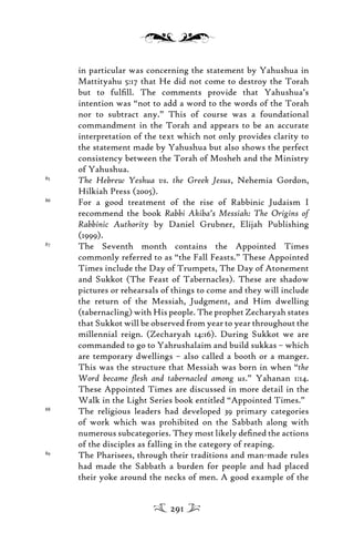 in particular was concerning the statement by Yahushua in
Mattityahu 5:17 that He did not come to destroy the Torah
but to fulﬁll. The comments provide that Yahushua’s
intention was “not to add a word to the words of the Torah
nor to subtract any.” This of course was a foundational
commandment in the Torah and appears to be an accurate
interpretation of the text which not only provides clarity to
the statement made by Yahushua but also shows the perfect
consistency between the Torah of Mosheh and the Ministry
of Yahushua.
85
The Hebrew Yeshua vs. the Greek Jesus, Nehemia Gordon,
Hilkiah Press (2005).
86
For a good treatment of the rise of Rabbinic Judaism I
recommend the book Rabbi Akiba’s Messiah: The Origins of
Rabbinic Authority by Daniel Grubner, Elijah Publishing
(1999).
87
The Seventh month contains the Appointed Times
commonly referred to as “the Fall Feasts.” These Appointed
Times include the Day of Trumpets, The Day of Atonement
and Sukkot (The Feast of Tabernacles). These are shadow
pictures or rehearsals of things to come and they will include
the return of the Messiah, Judgment, and Him dwelling
(tabernacling) with His people. The prophet Zecharyah states
that Sukkot will be observed from year to year throughout the
millennial reign. (Zecharyah 14:16). During Sukkot we are
commanded to go to Yahrushalaim and build sukkas – which
are temporary dwellings – also called a booth or a manger.
This was the structure that Messiah was born in when “the
Word became ﬂesh and tabernacled among us.” Yahanan 1:14.
These Appointed Times are discussed in more detail in the
Walk in the Light Series book entitled “Appointed Times.”
88
The religious leaders had developed 39 primary categories
of work which was prohibited on the Sabbath along with
numerous subcategories. They most likely deﬁned the actions
of the disciples as falling in the category of reaping.
89
The Pharisees, through their traditions and man-made rules
had made the Sabbath a burden for people and had placed
their yoke around the necks of men. A good example of the
291
 